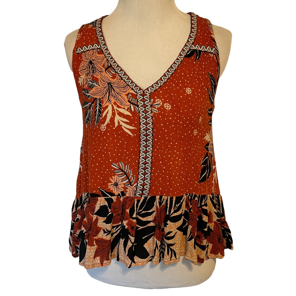 Patrons of Peace Women's Small Peplum Tank ~ Rust Black Floral Embroidered Top